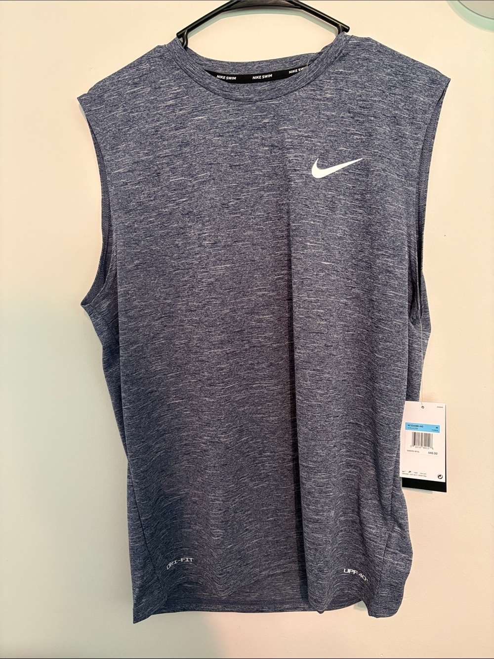 Nike Men’s Sleeveless Heathered Navy Gray Training Tank with White Swoosh